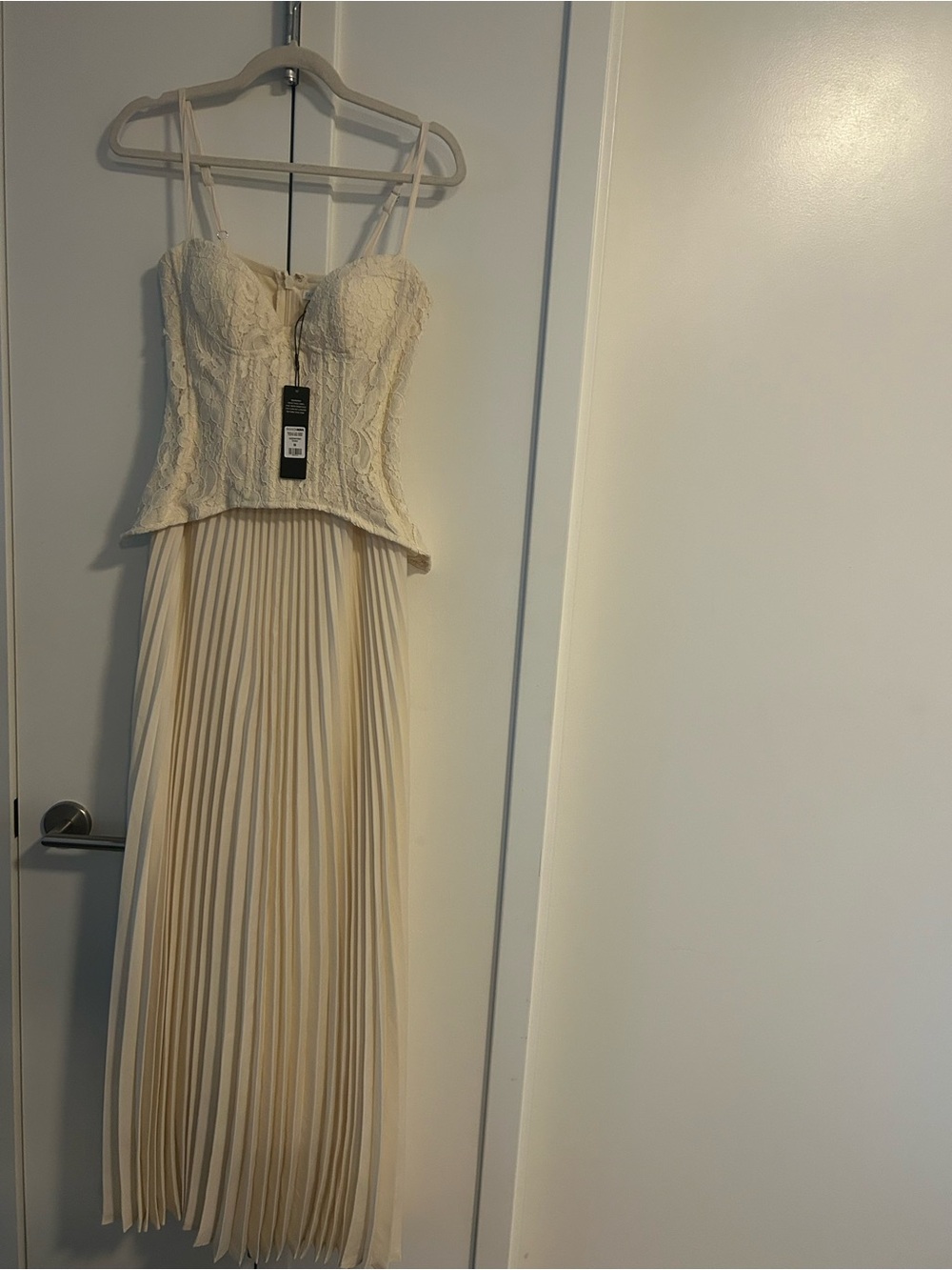 Fashion Nova Cream Lace Bustier with Pleated Maxi Skirt